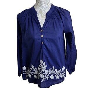Lilly Pulitzer Top Tunic Cotton Navy Embroidered Long Sleeve "Elsa" Women's XS